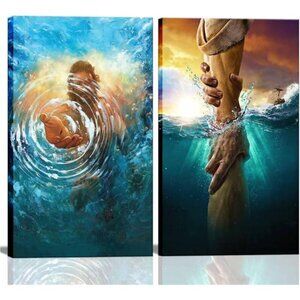2 Pcs Framed Jesus wall art The Hand of God Jesus Reaching Into Water